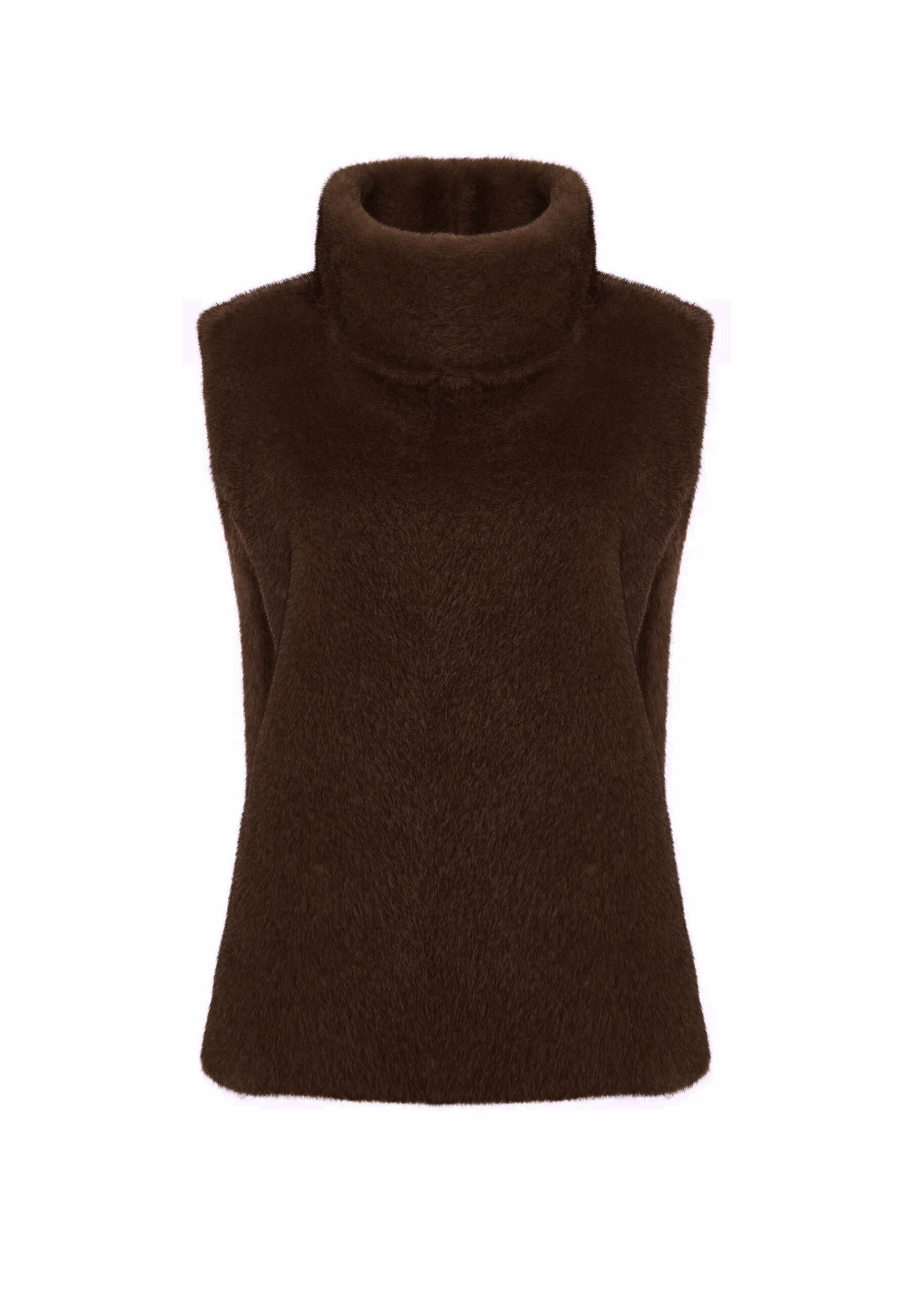 Faux Fur Sleeveless Sculpted Top with Collar – Dark Brown