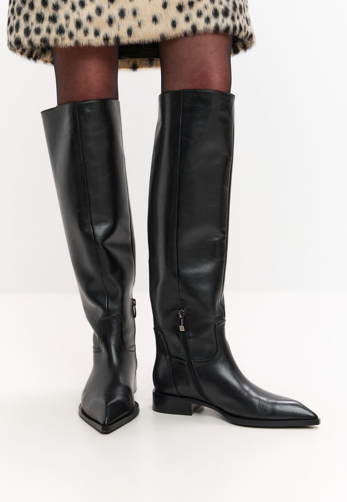 Leather Block Heel High Boots