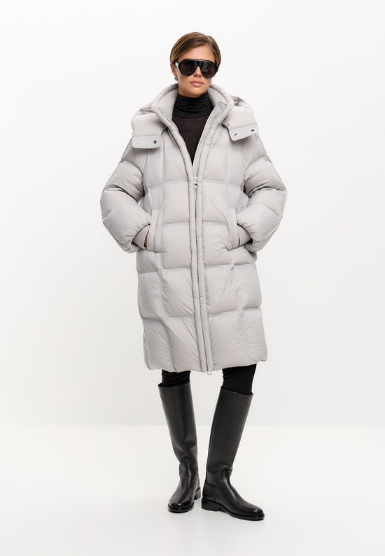 Long Quilted Down Puffer Coat - Grey