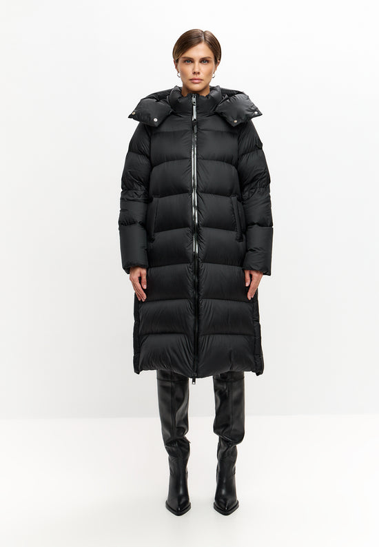 Lang oversized dunfrakke med hætte