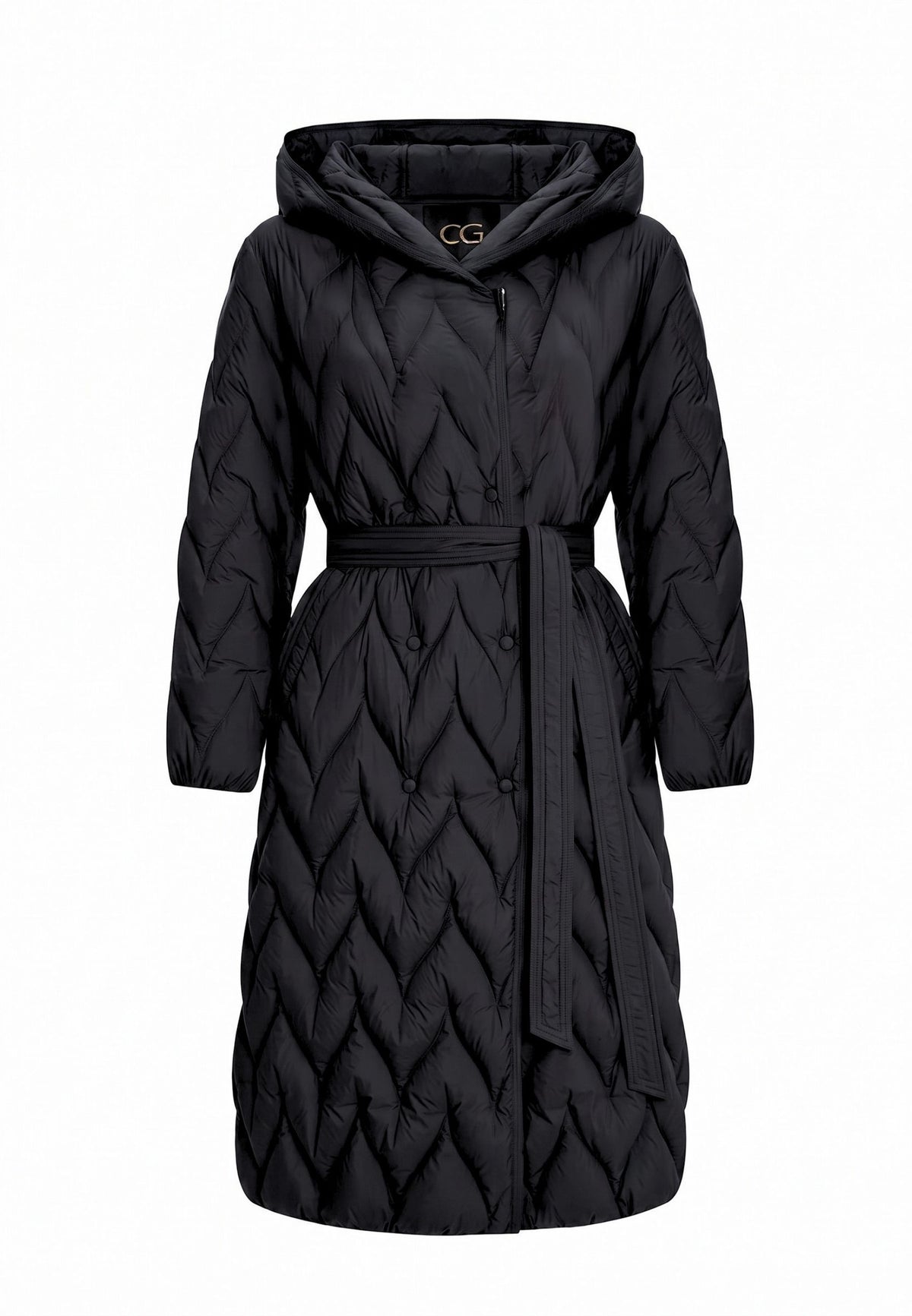 Abrigo largo acolchado con cinturón y diseño chevron – Negro