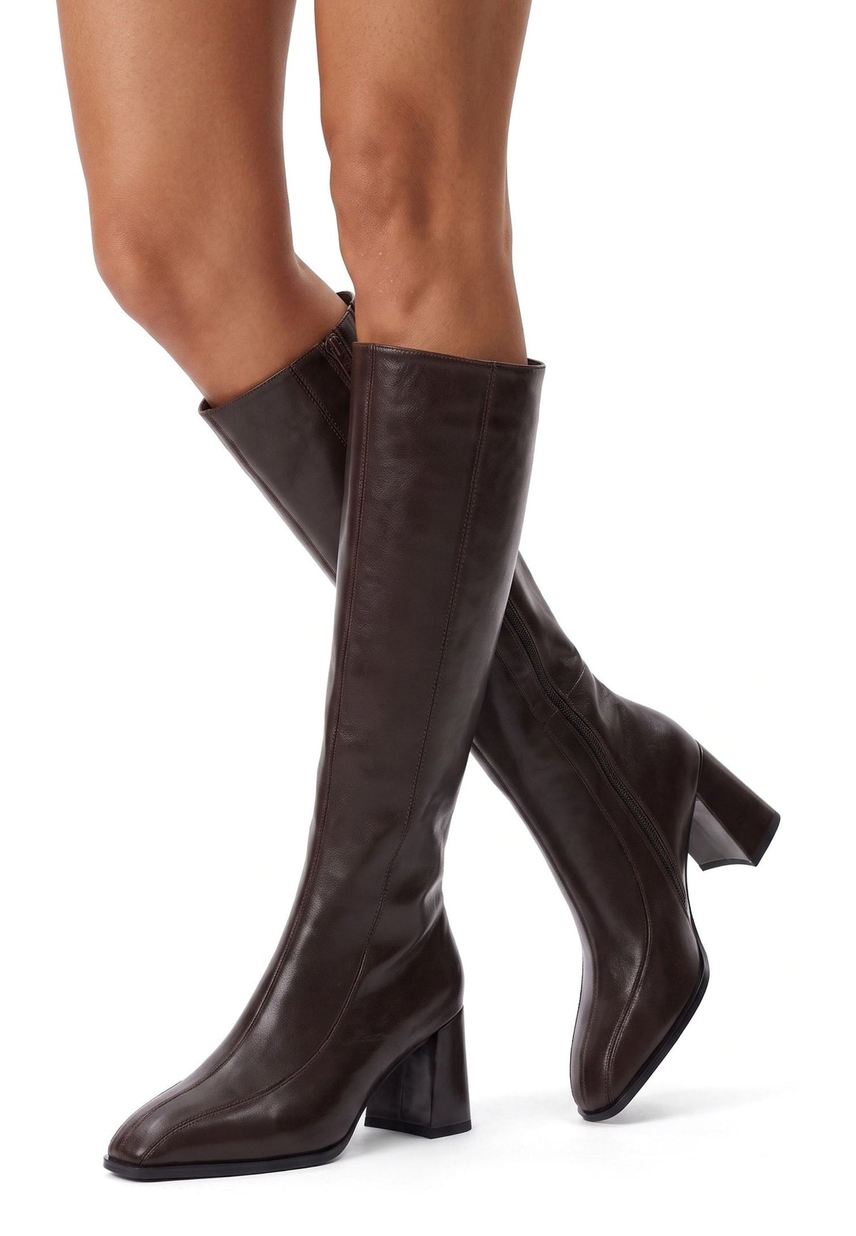 Bottes à talon bloc en cuir – Marron