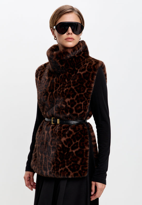 Top smanicato in pelliccia sintetica con colletto – Leopardo marrone