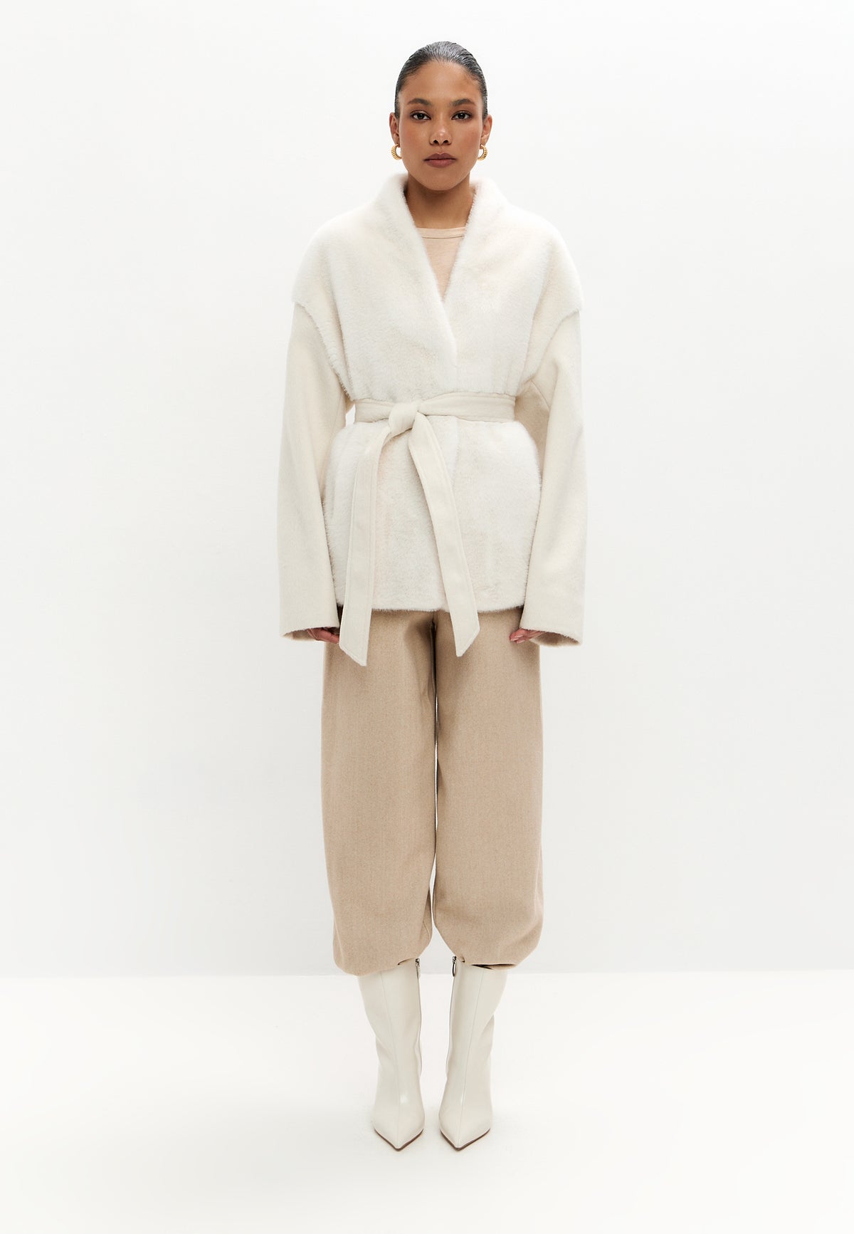 Two-Tone Faux Fur Belted Jacket - White