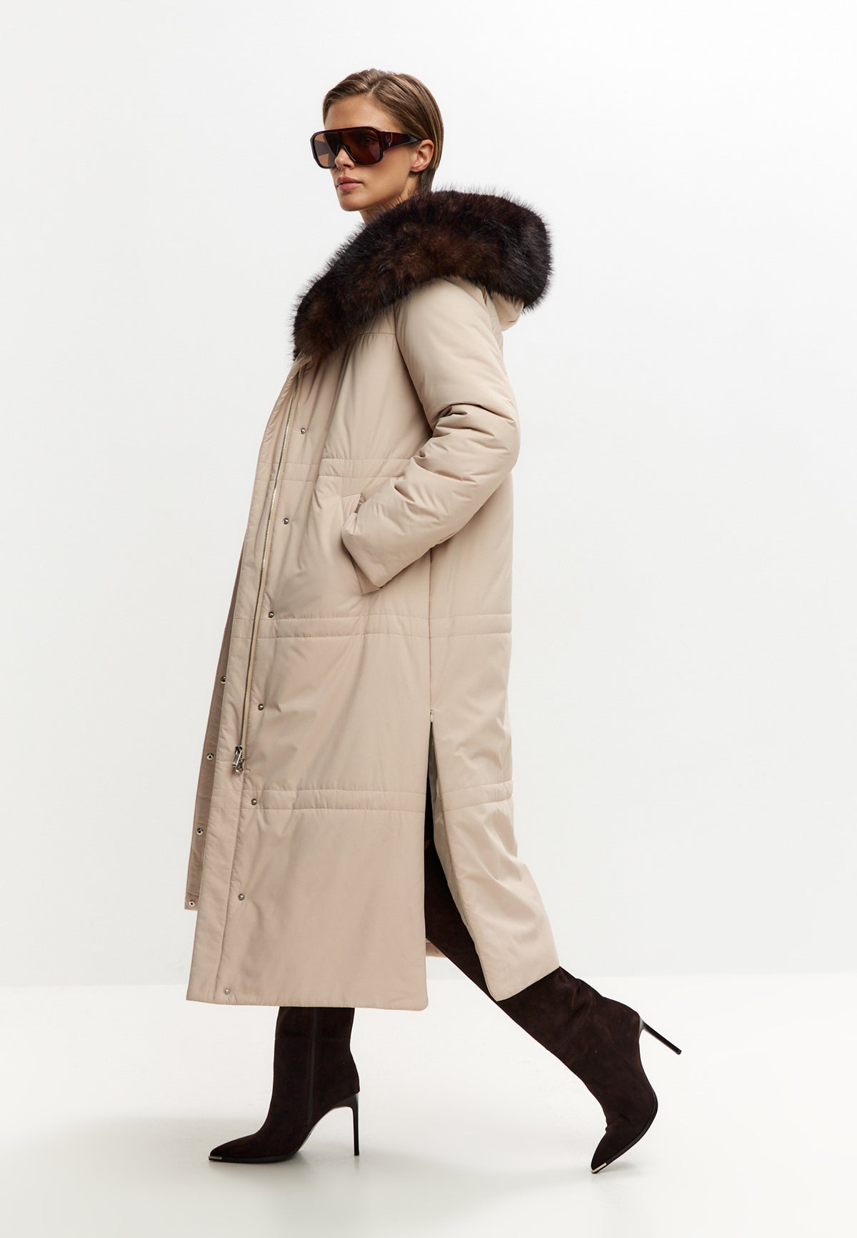 Fur Trim Hooded Puffer Coat - Milky