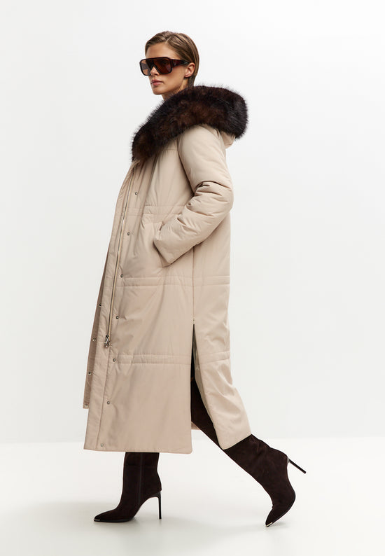 Fur Trim Hooded Puffer Coat - Milky