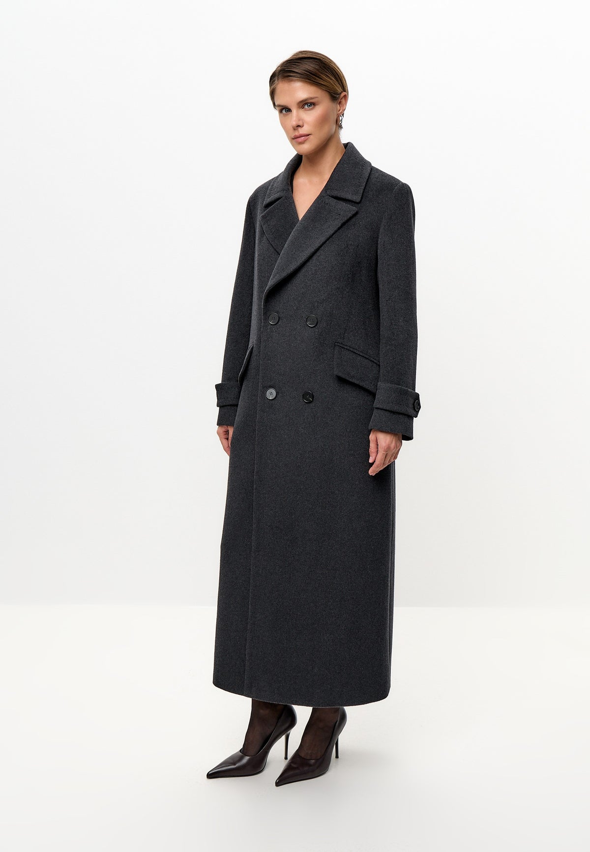Double Breasted Wool Blend Coat - Graphite