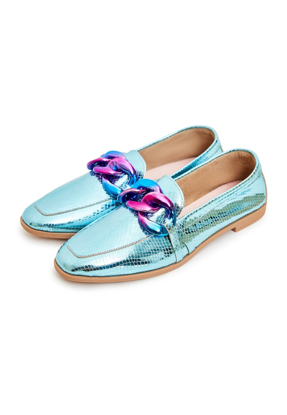 Klassische Loafers aus Leder mit flacher Sohle - Metallic Blau