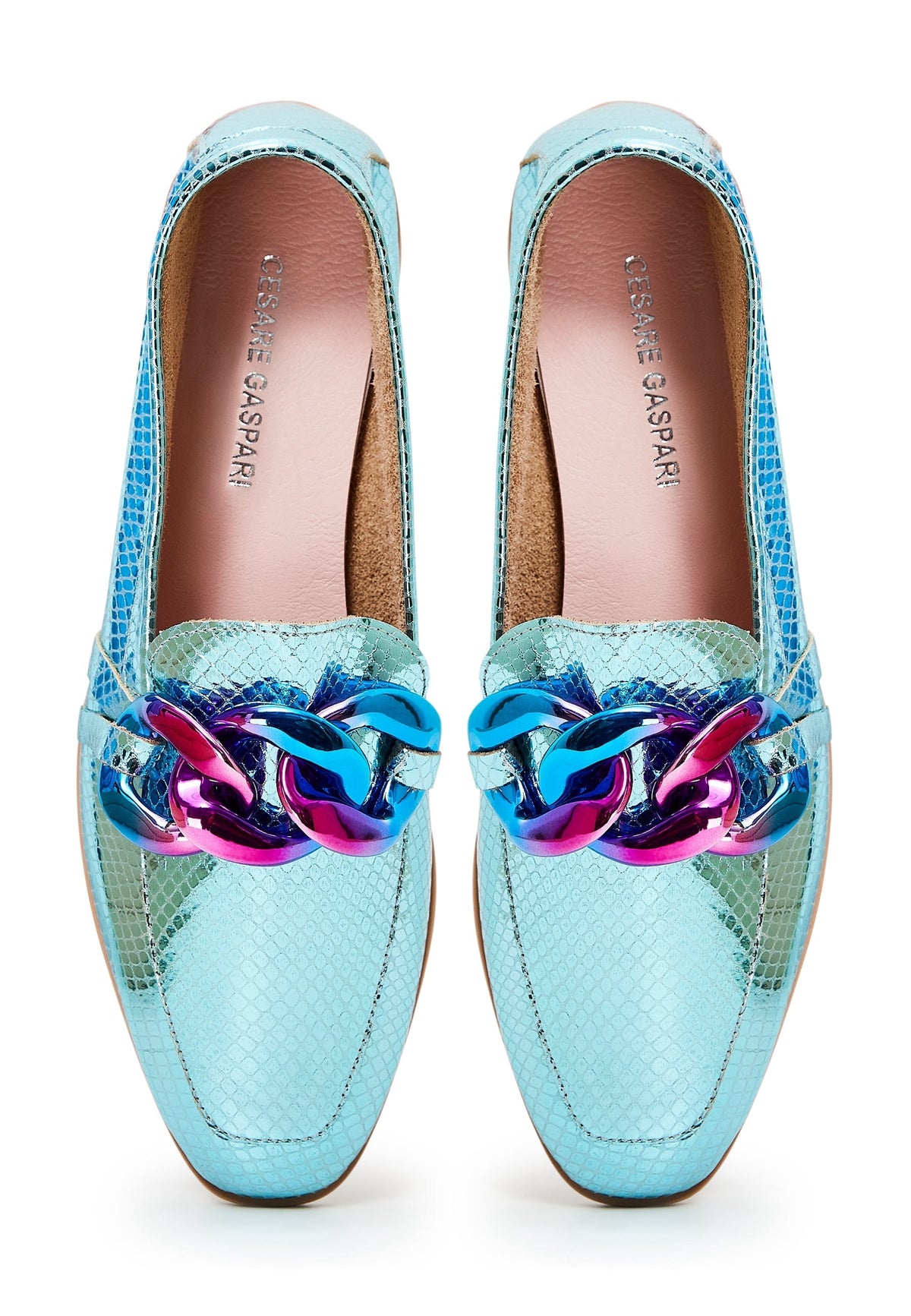 Klassische Loafers aus Leder mit flacher Sohle - Metallic Blau