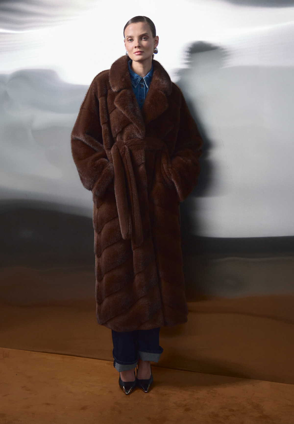 Oversized Faux Fur Coat - Brown