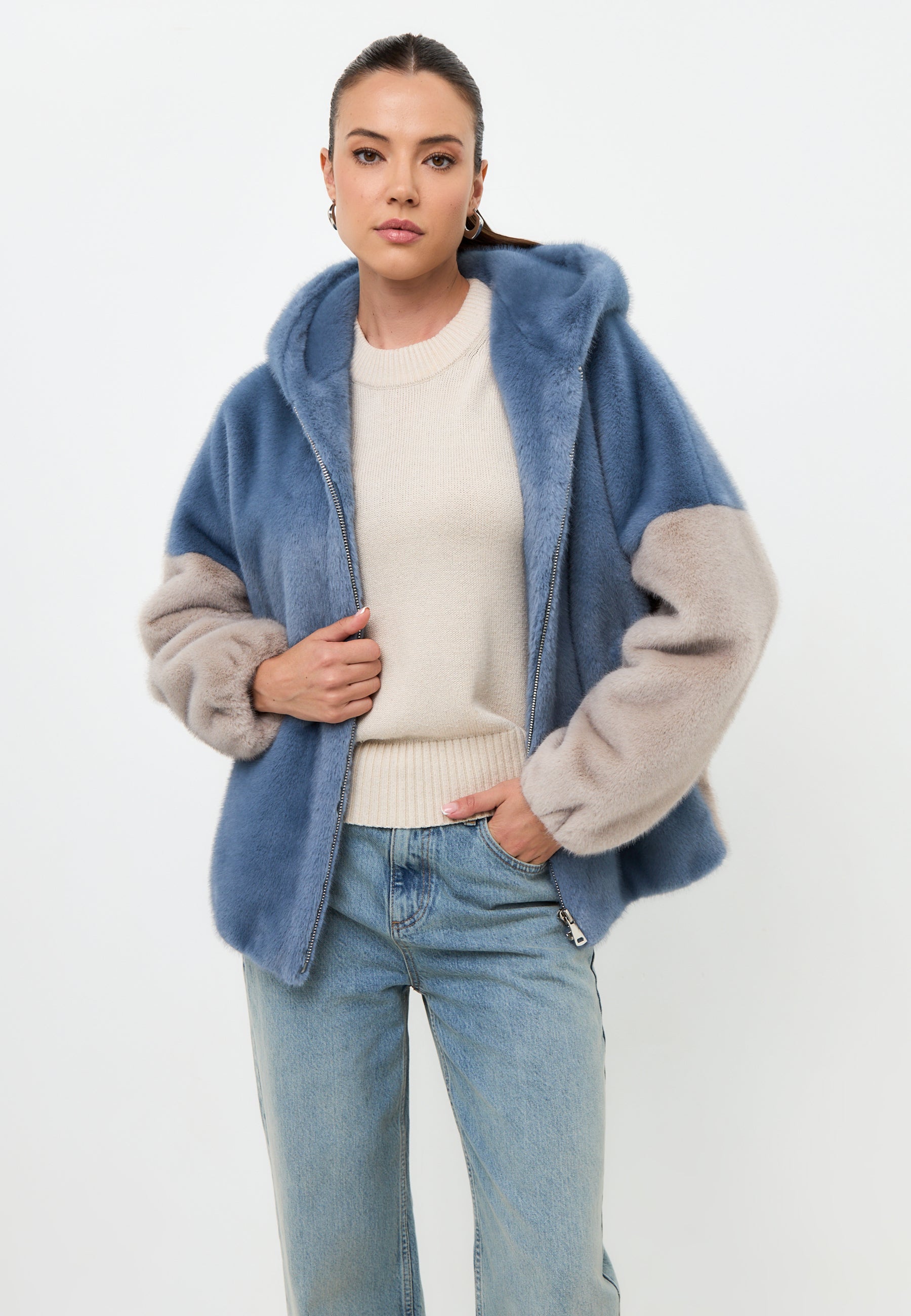 Stylish Hooded Faux Fur Jacket Reyna - Blue