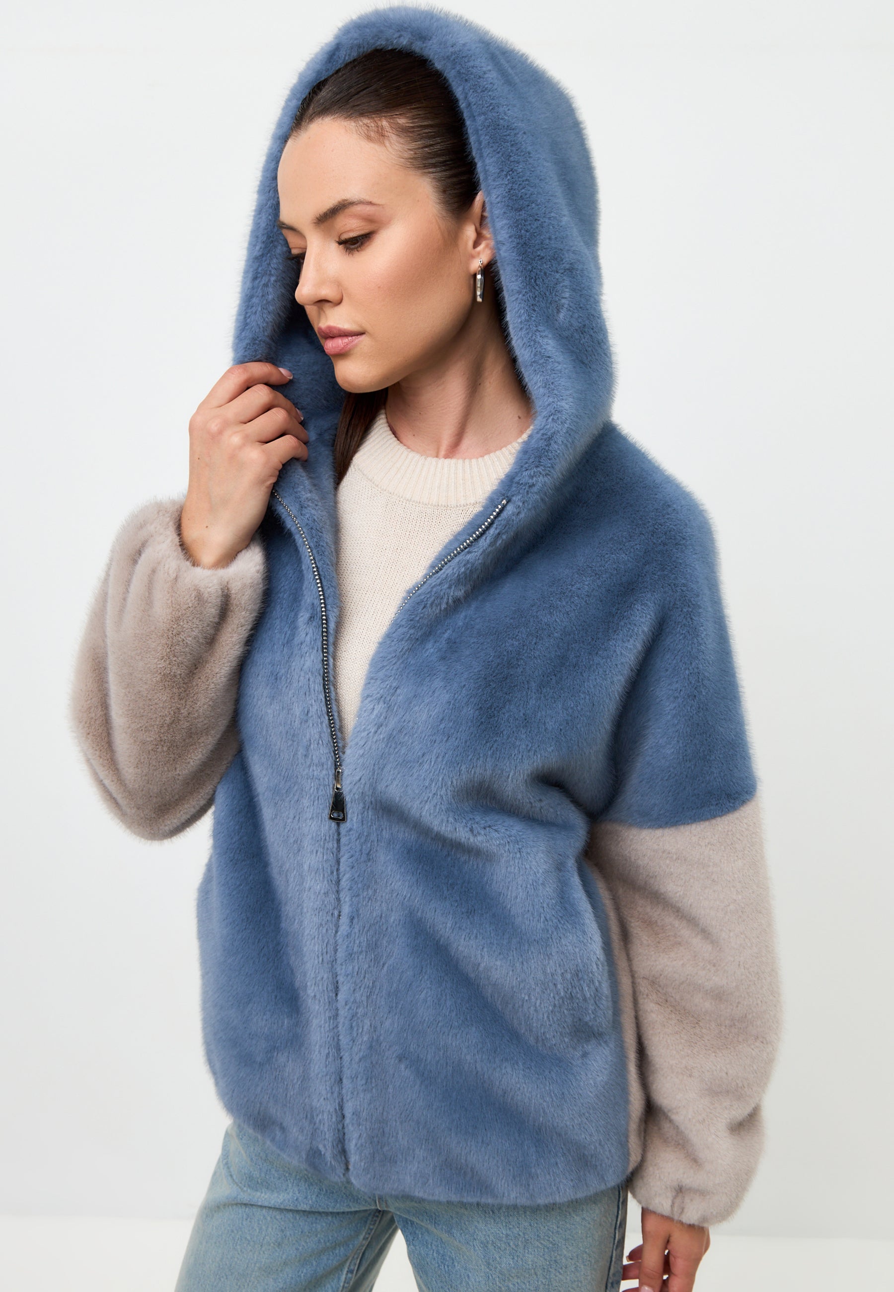 Stylish Hooded Faux Fur Jacket Reyna - Blue