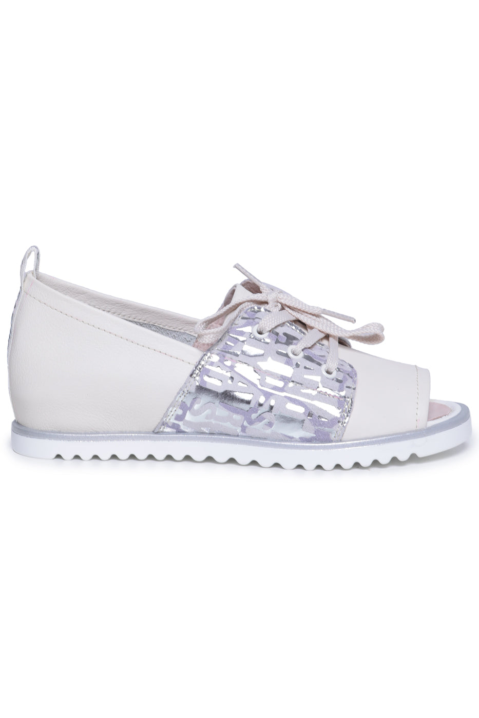 Lace-Up Leather Open-Toe Flats – Light Grey