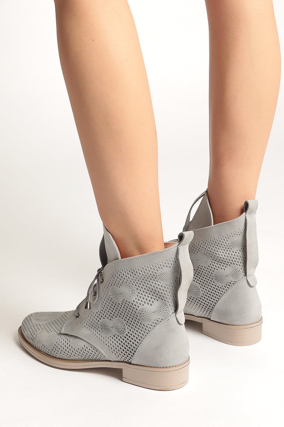 Perforated Leather Ankle Boots - Gray