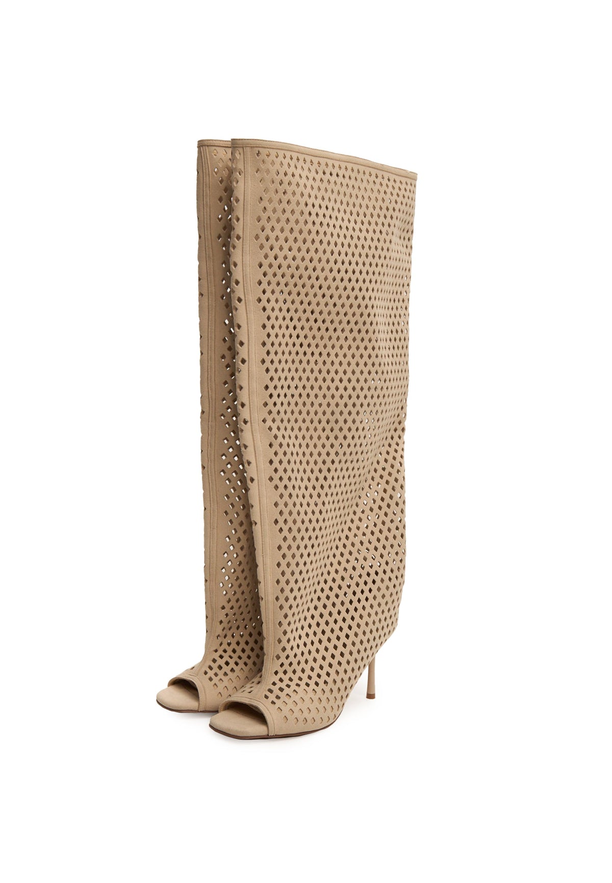 Perforated Knee-High Boots – Beige
