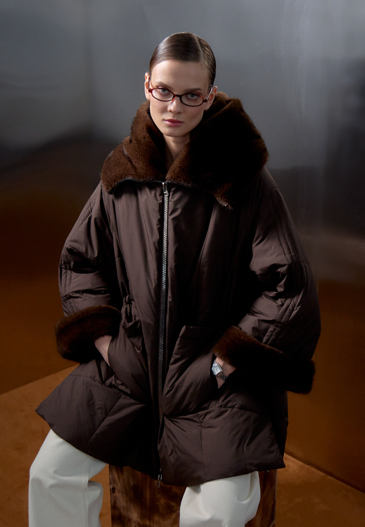 Faux Fur Trim Hooded Coat — Brown