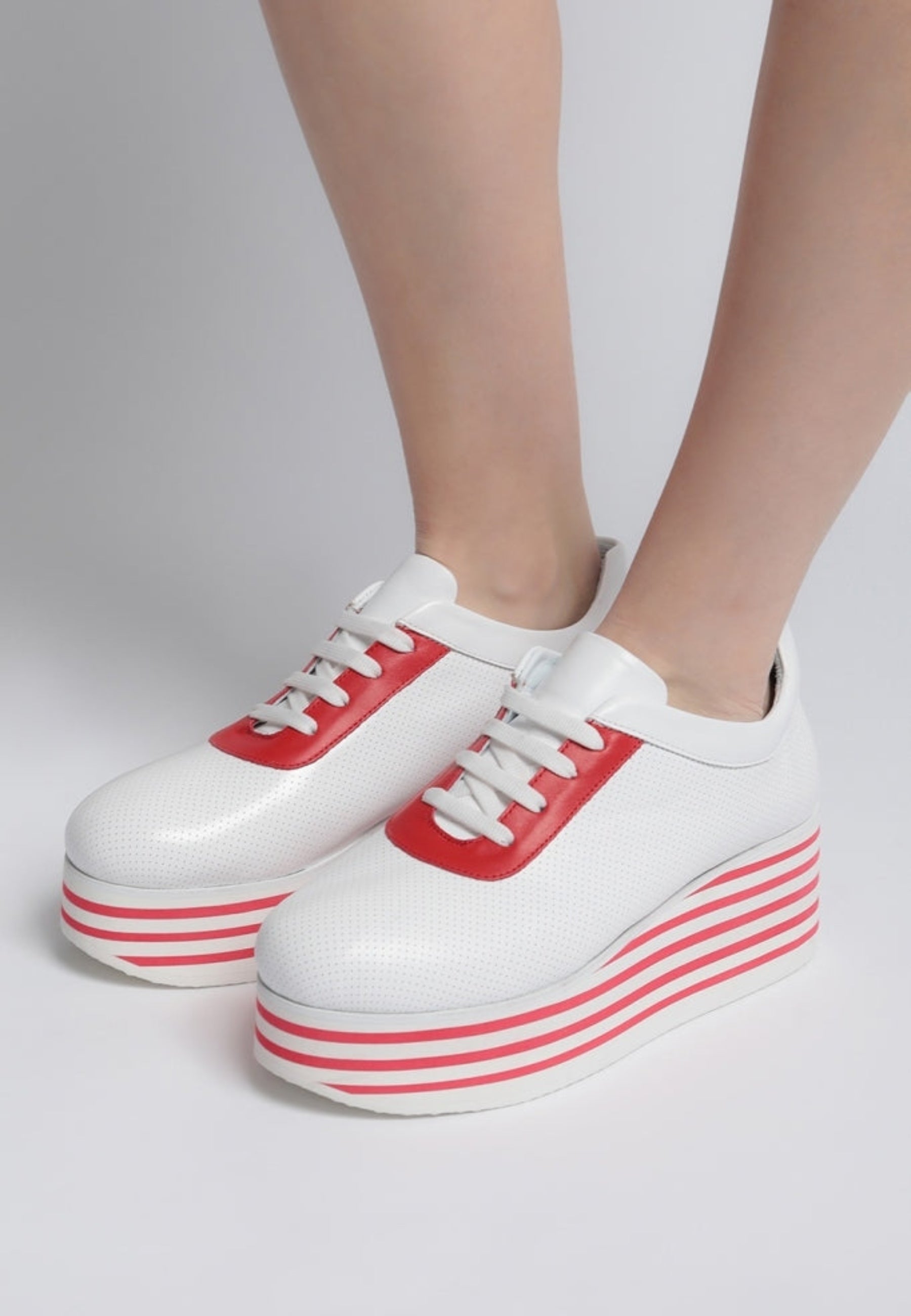 Striped High Platform Sneakers - Red