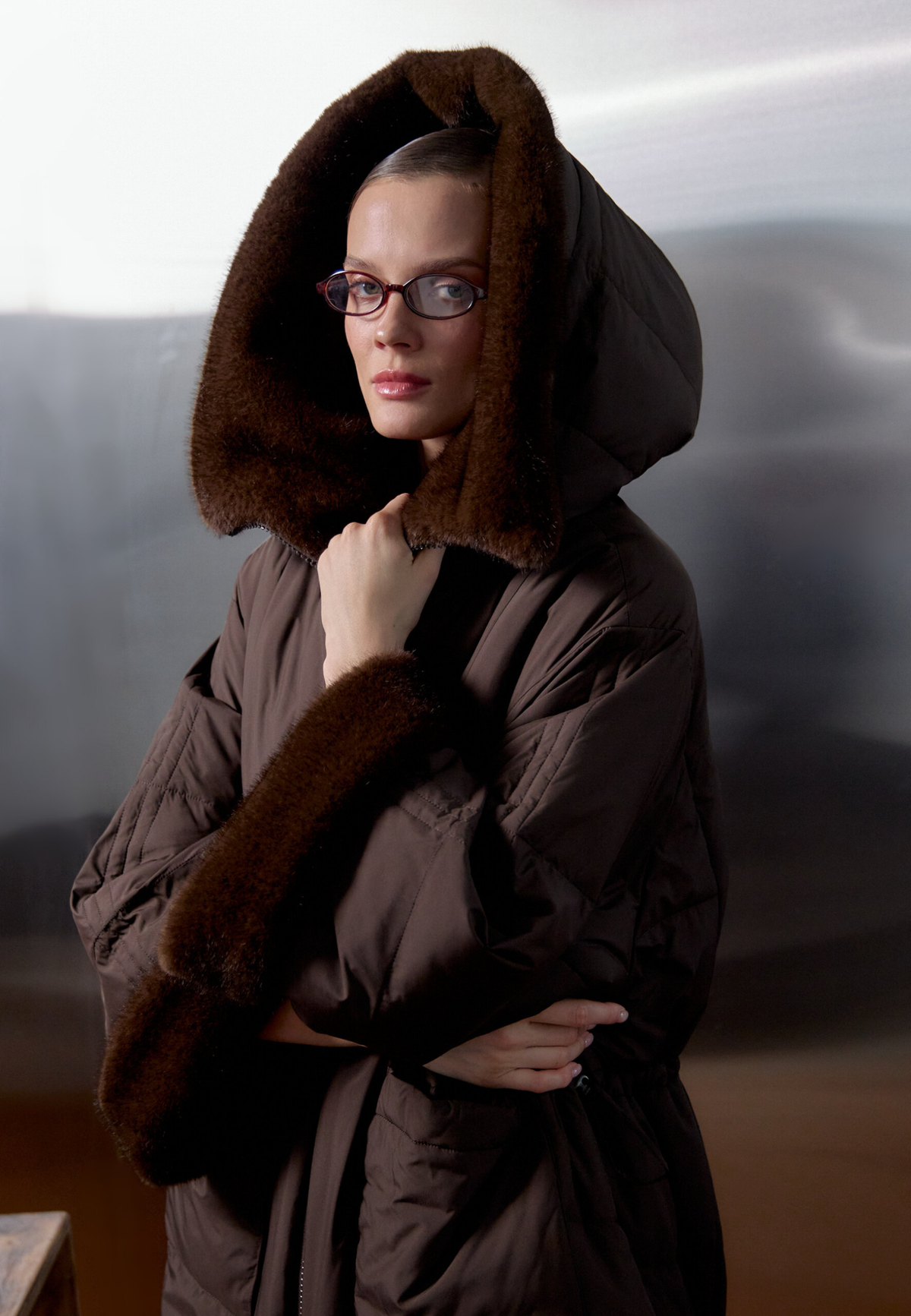 Faux Fur Trim Hooded Coat — Brown