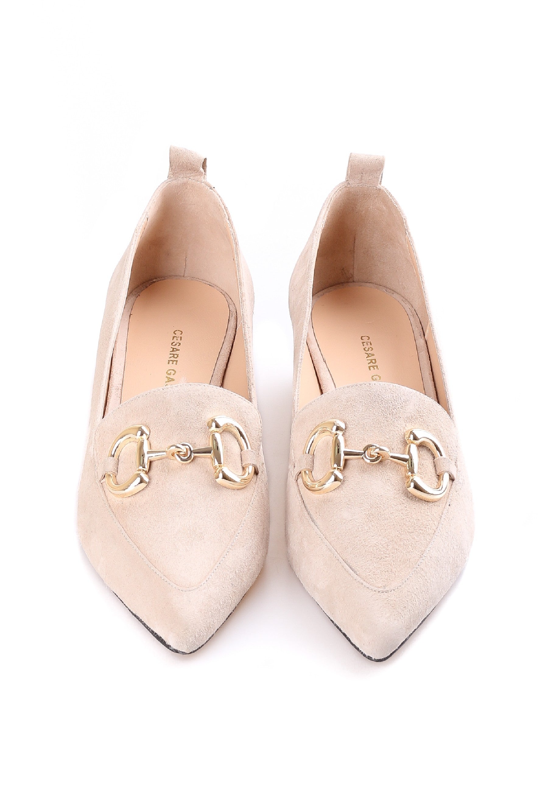 Suede Block Heel Loafers with Gold Chain Detail - Beige