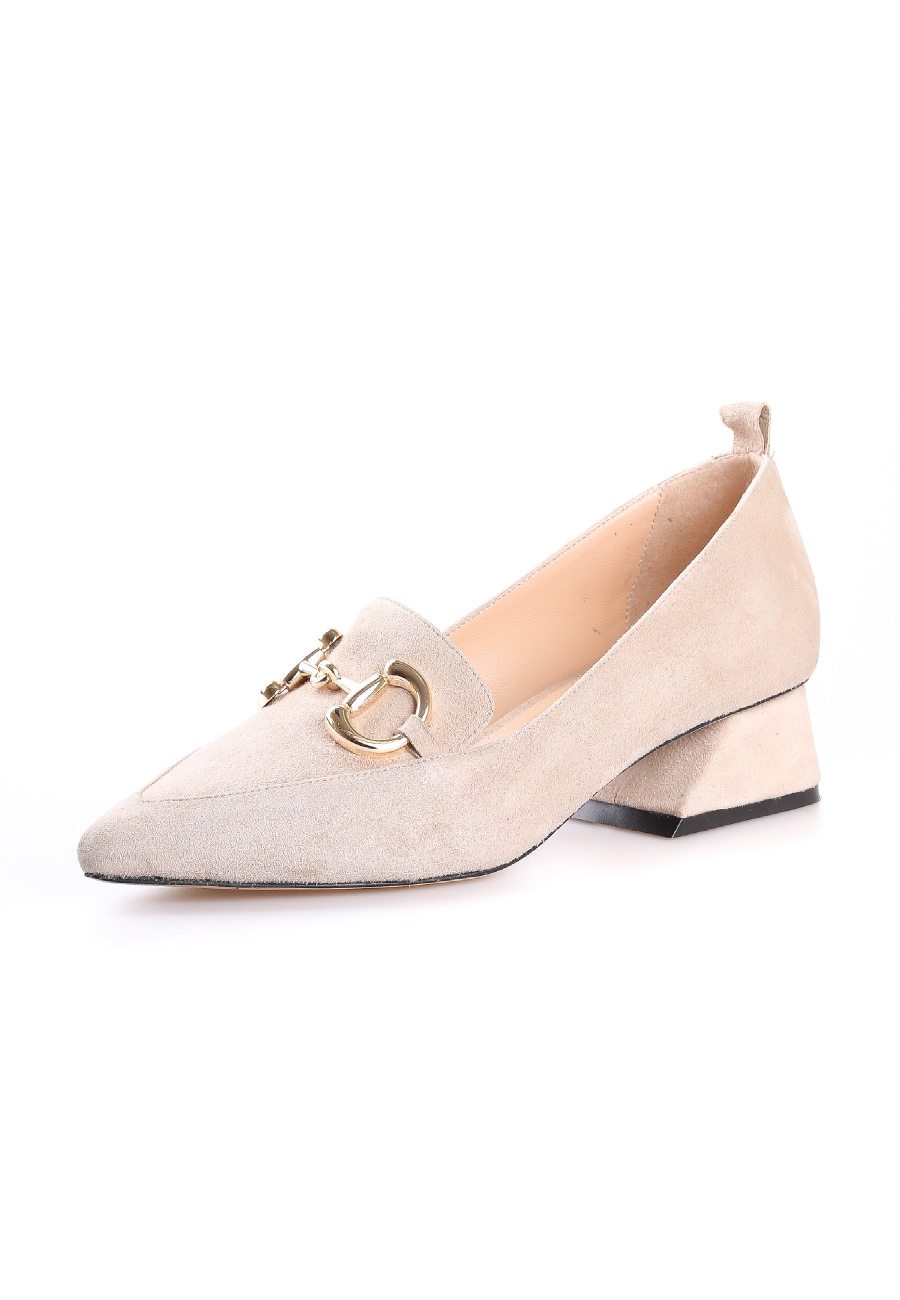 Suede Block Heel Loafers with Gold Chain Detail - Beige