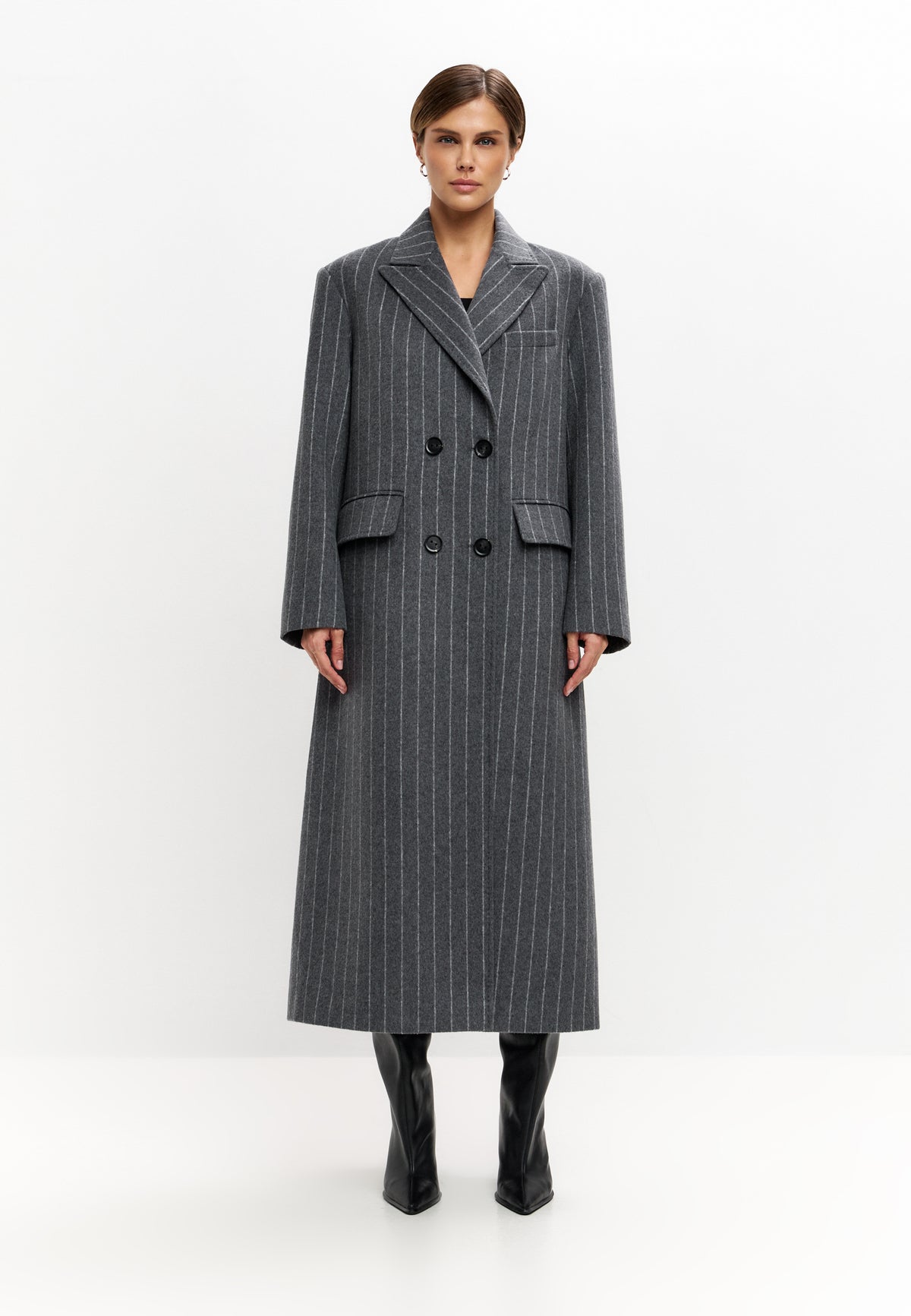 Pinstripe Wool Blend Long Coat