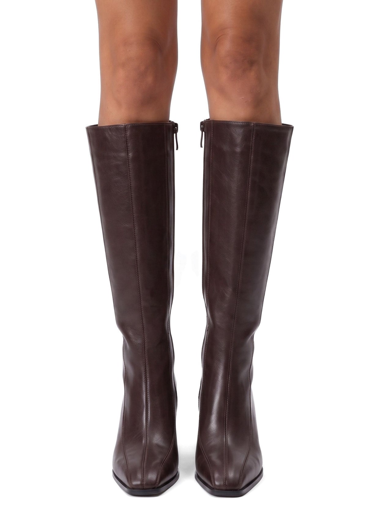 Bottes à talon bloc en cuir – Marron