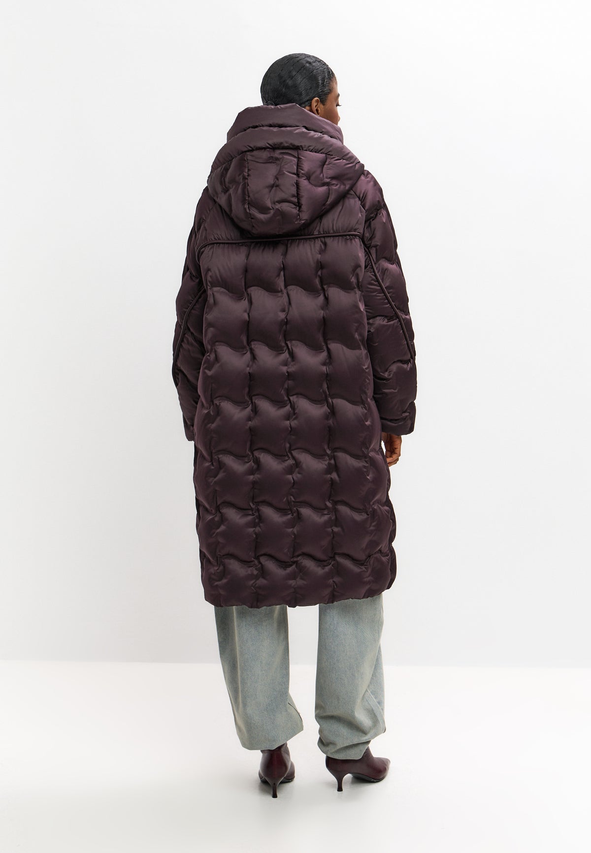 Manteau long matelassé à capuche – Violet