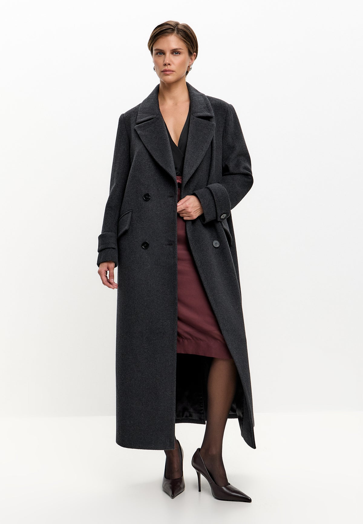 Double Breasted Wool Blend Coat - Graphite