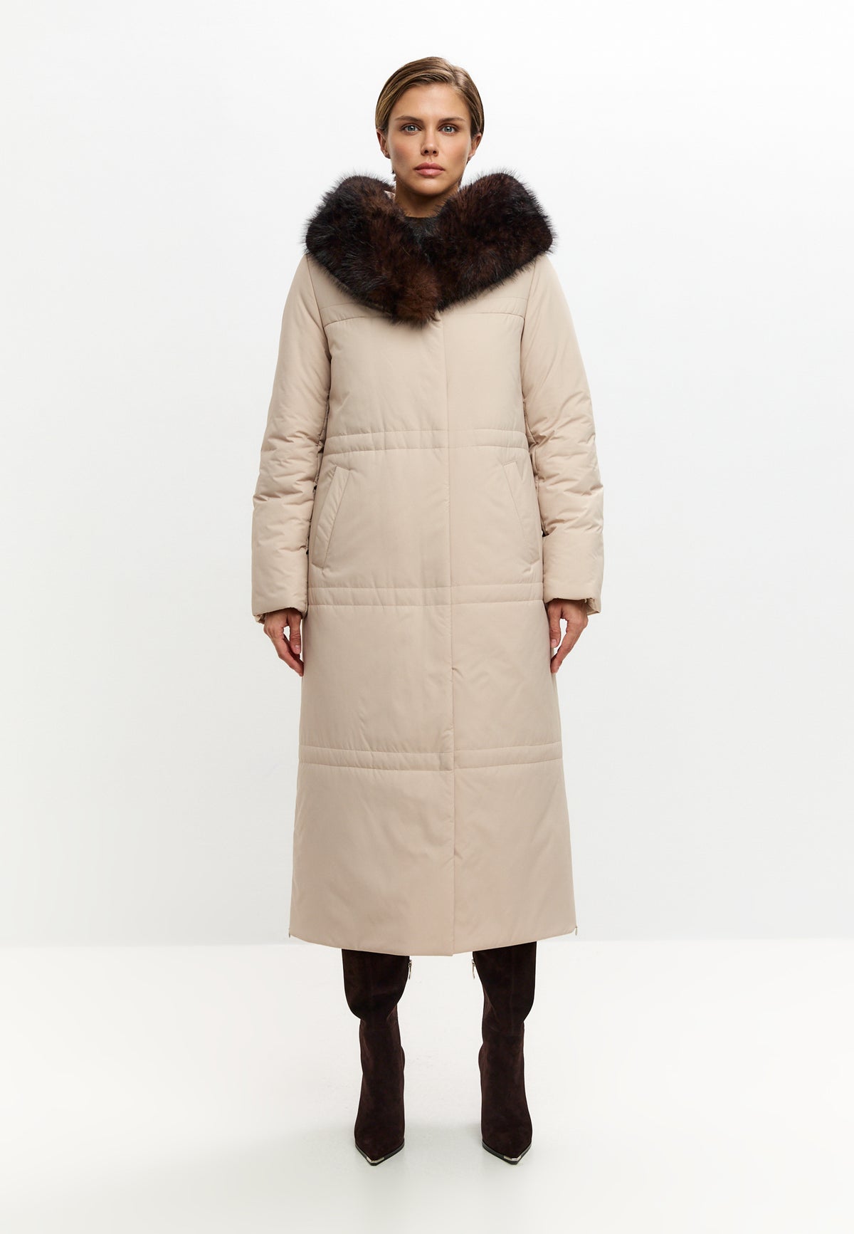 Fur Trim Hooded Puffer Coat - Milky