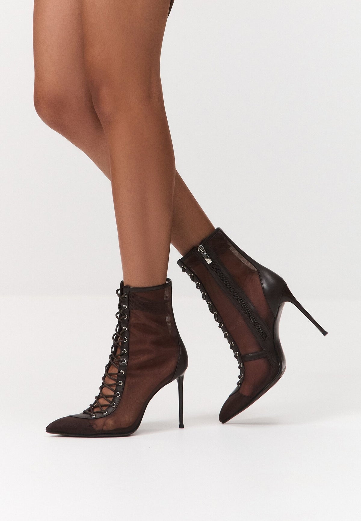 Sheer Lace-Up Stiletto Ankle Boots – Brown