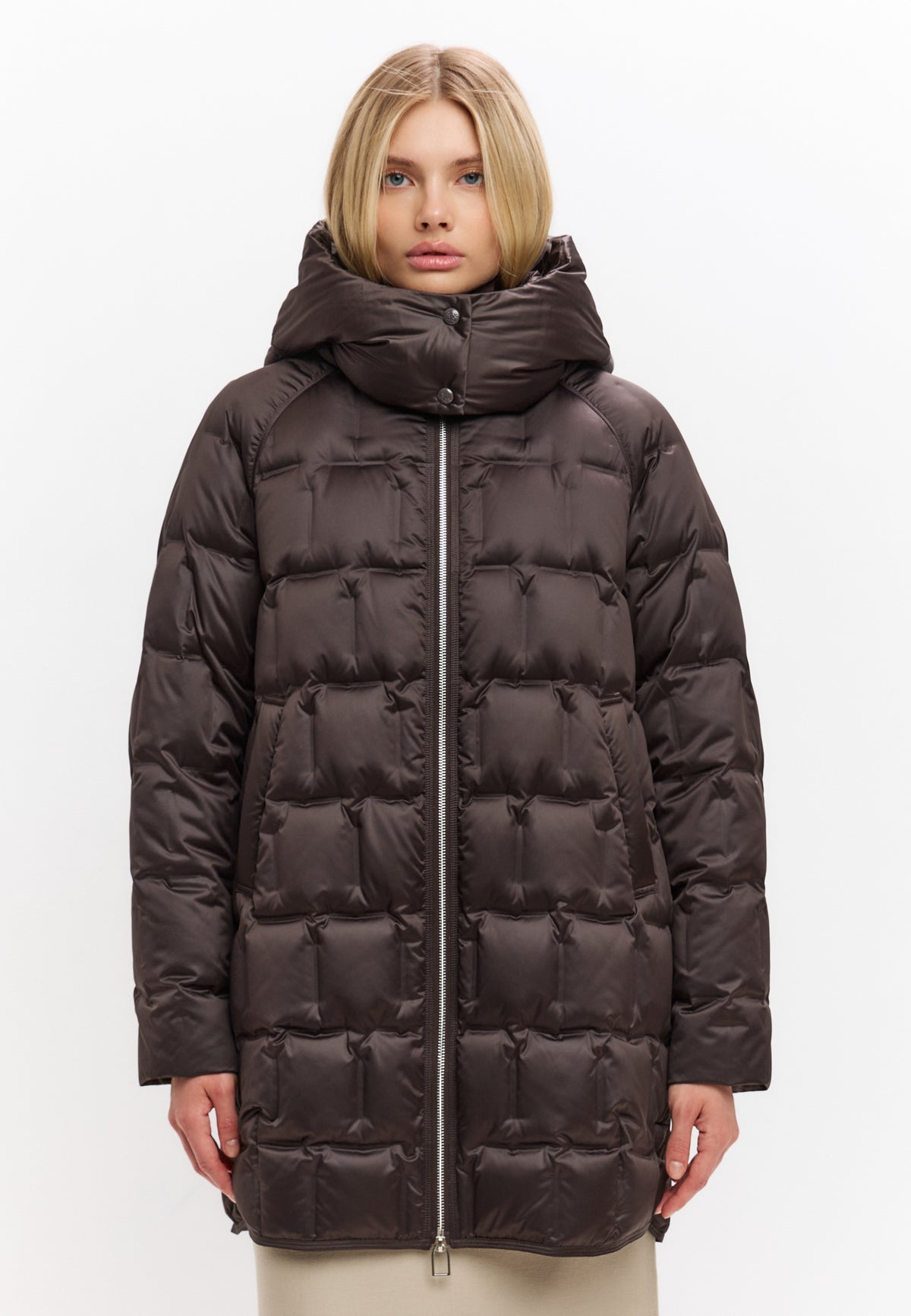 Hooded Mid-Length Down Puffer Coat - Brown