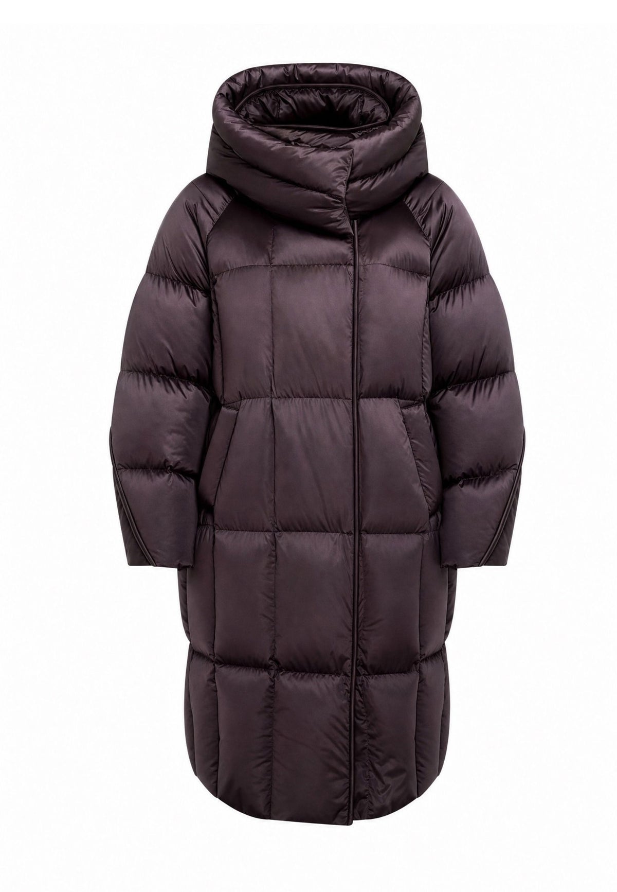 Lange oversized gewatteerde jas met capuchon – Donkerpaars
