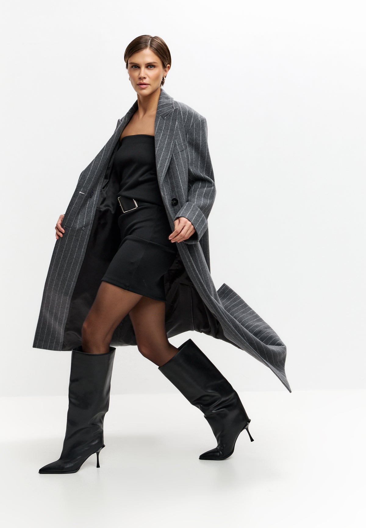 Pinstripe Wool Blend Long Coat
