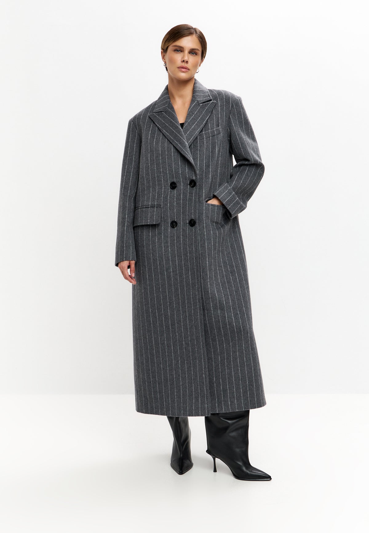 Pinstripe Wool Blend Long Coat