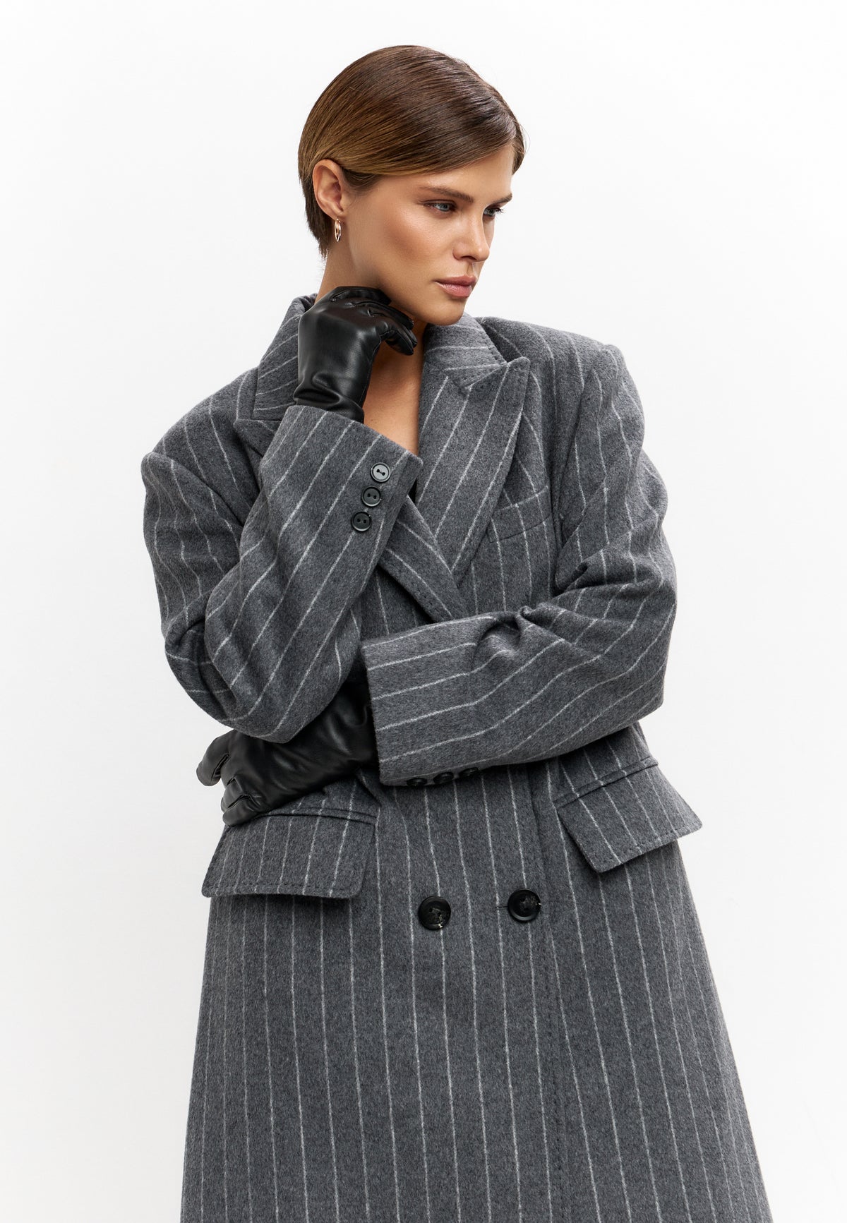 Pinstripe Wool Blend Long Coat