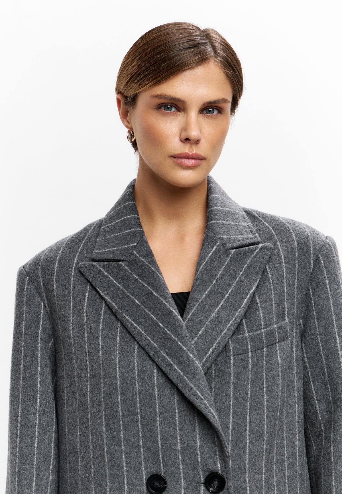 Pinstripe Wool Blend Long Coat