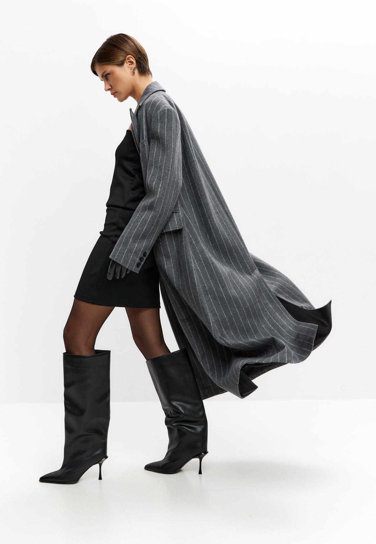 Pinstripe Wool Blend Long Coat