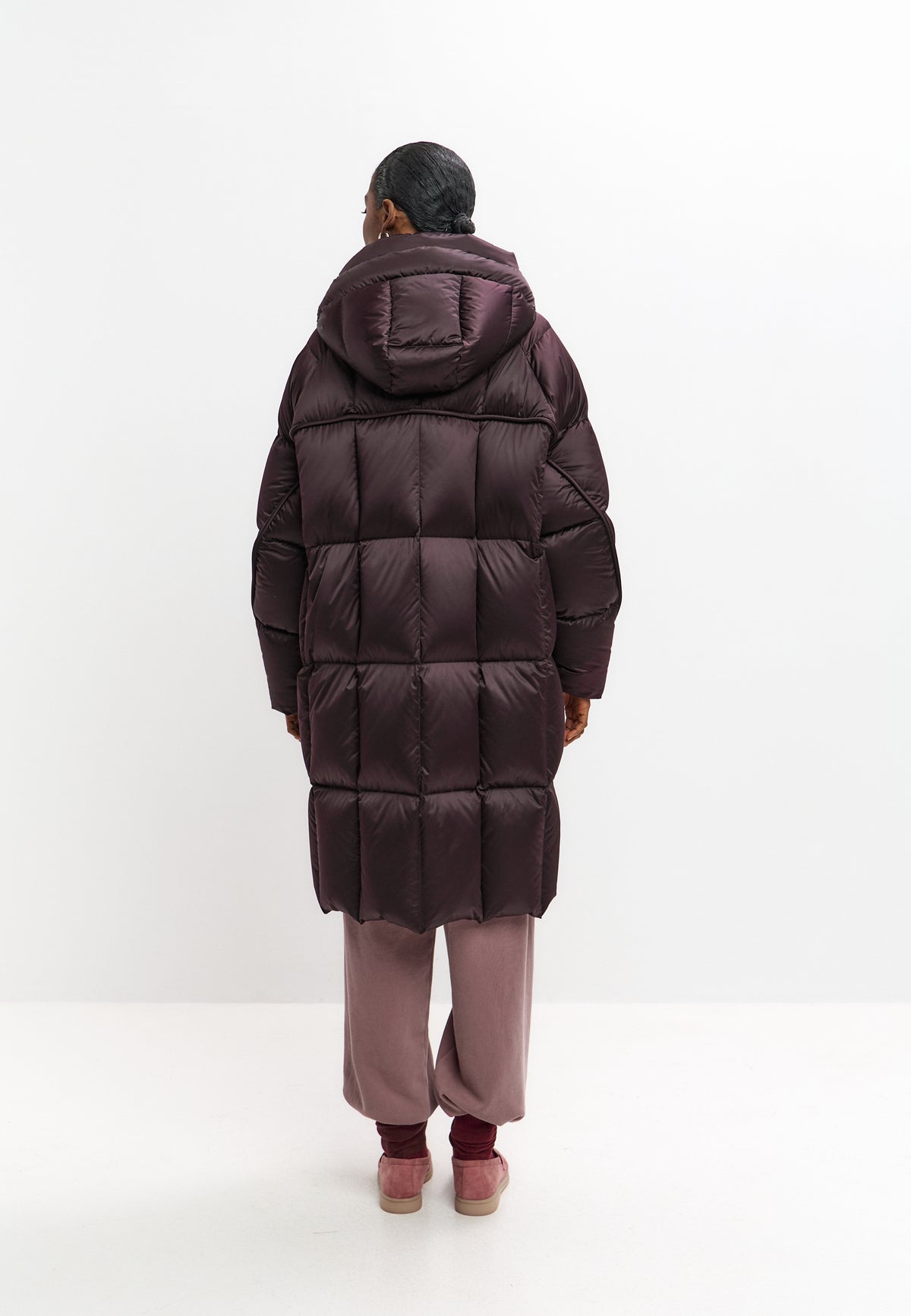 Lange oversized gewatteerde jas met capuchon – Donkerpaars