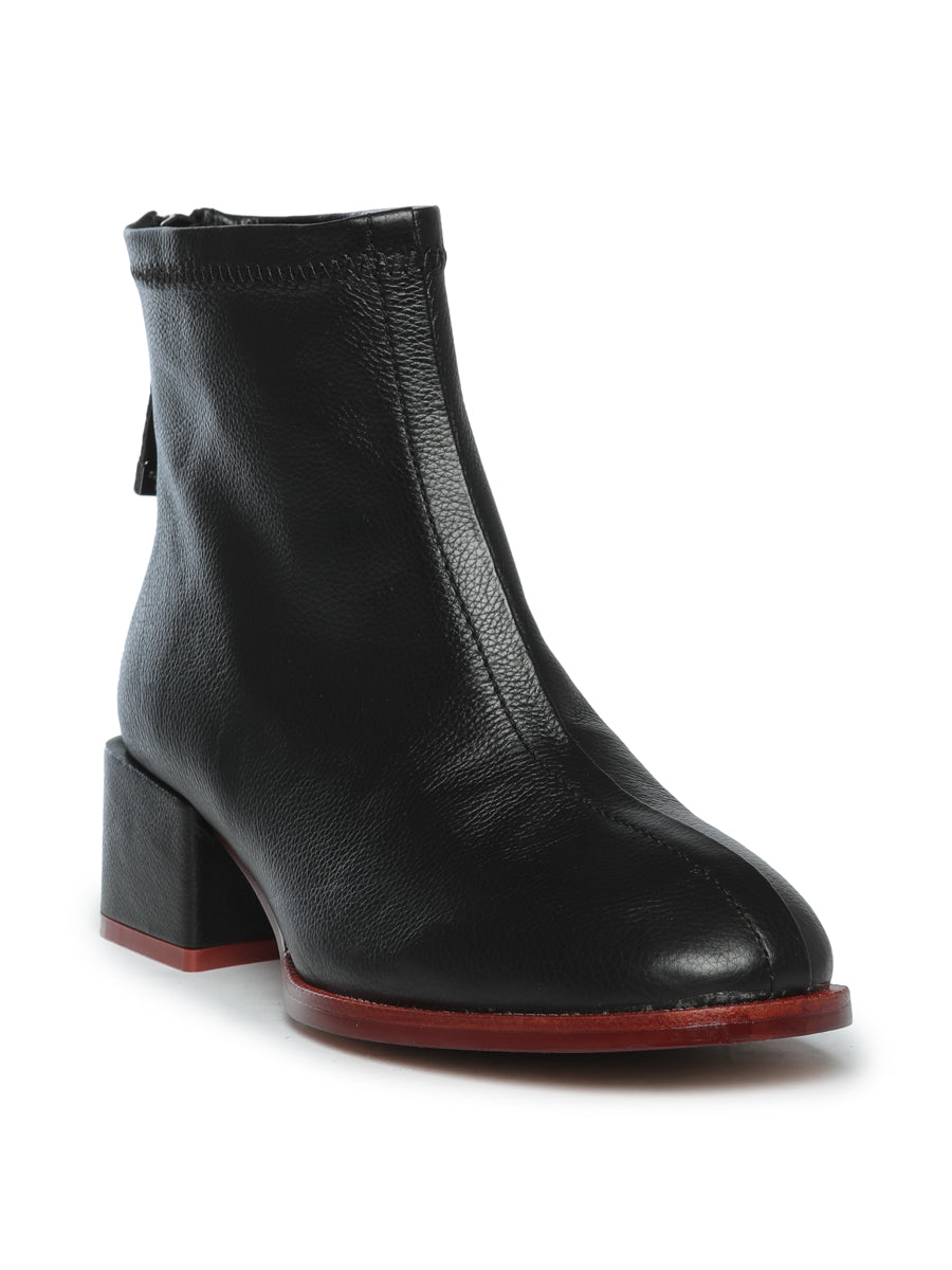 Leather Ankle Boots with Back Zipper - Black