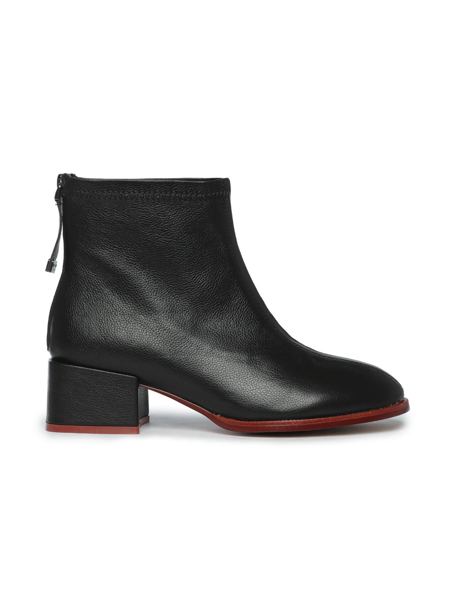 Leather Ankle Boots with Back Zipper - Black