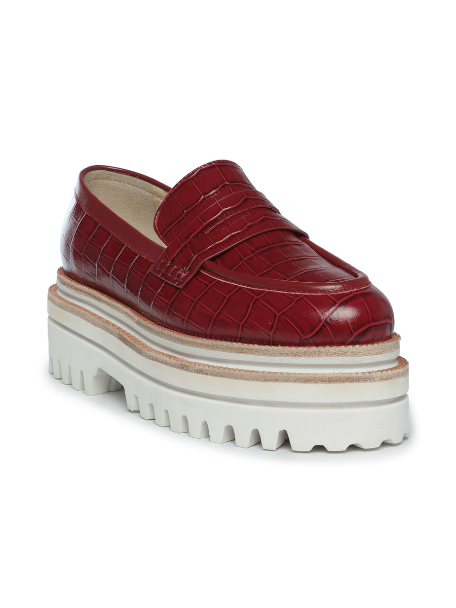 Croc-Embossed Platform Loafers - Bordeaux