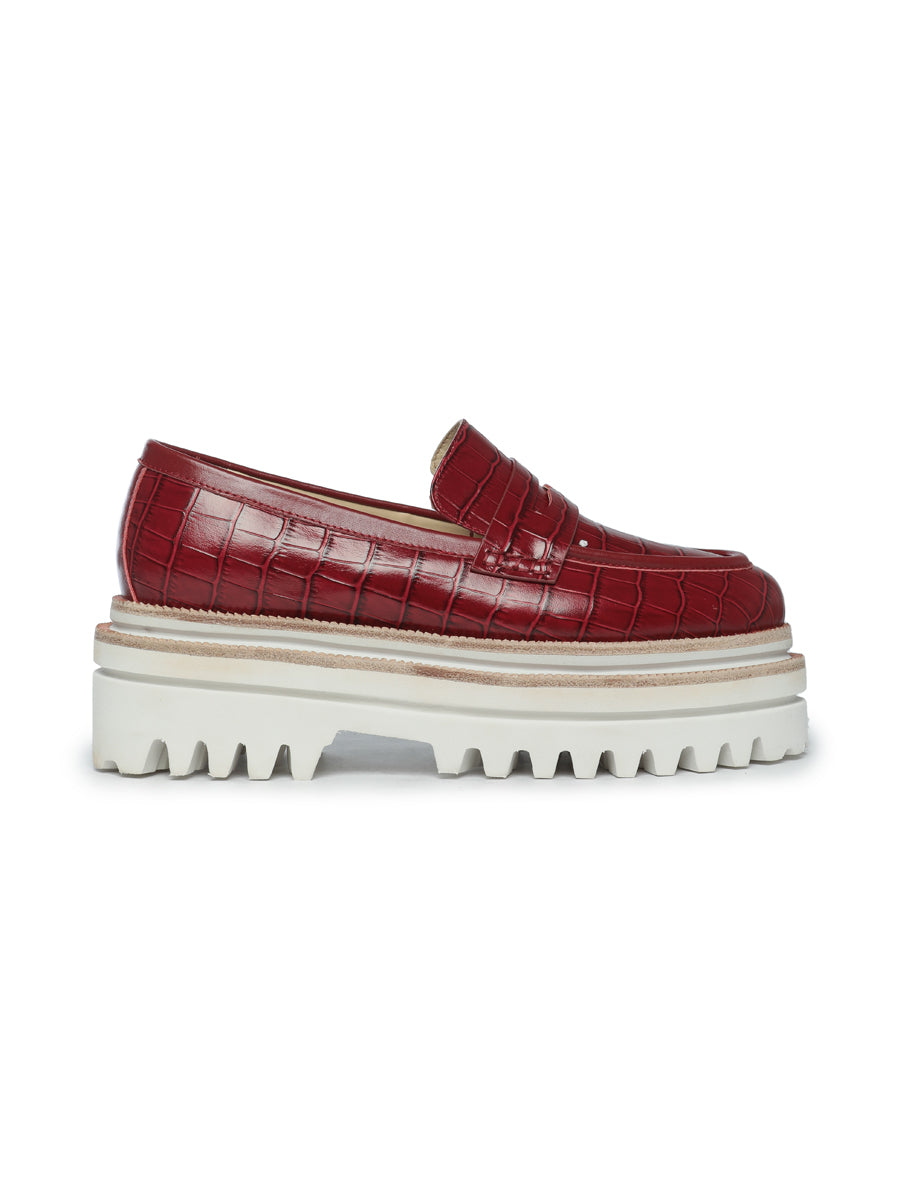 Croc-Embossed Platform Loafers - Bordeaux