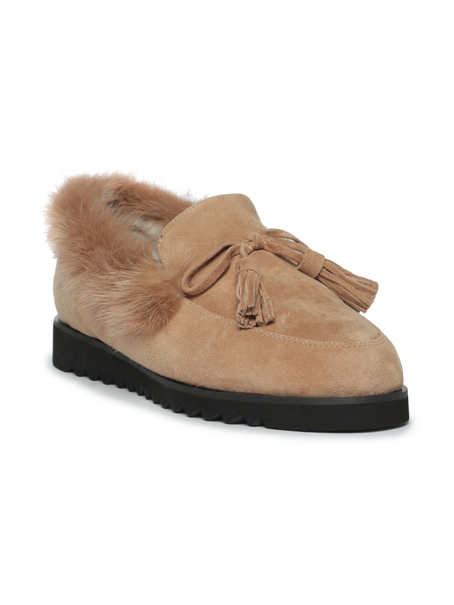 Suede Tassel Fur Loafers - Light Brown