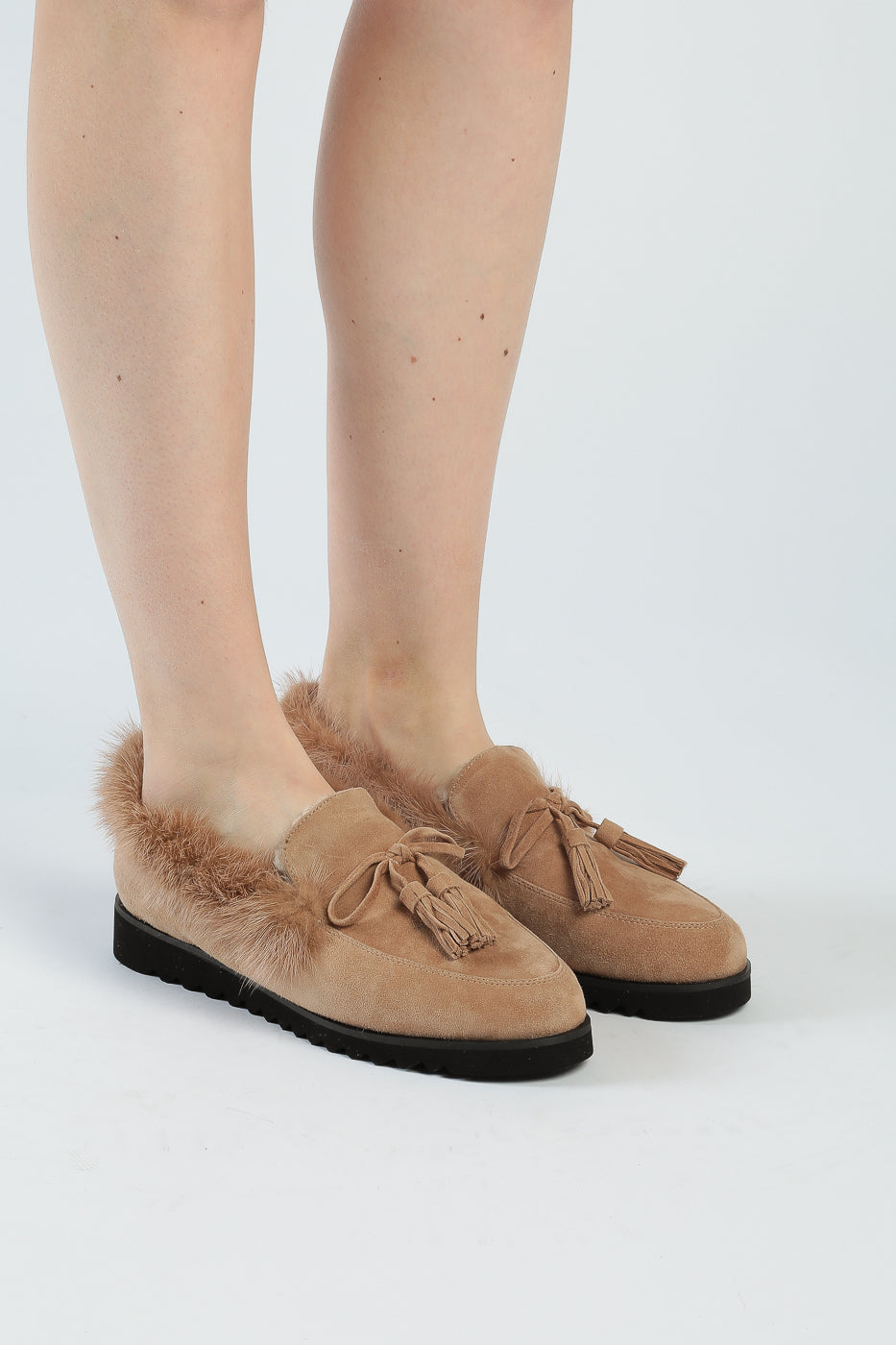 Suede Tassel Fur Loafers - Light Brown