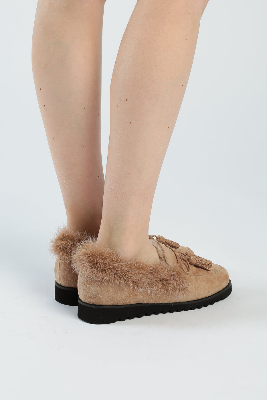 Suede Tassel Fur Loafers - Light Brown