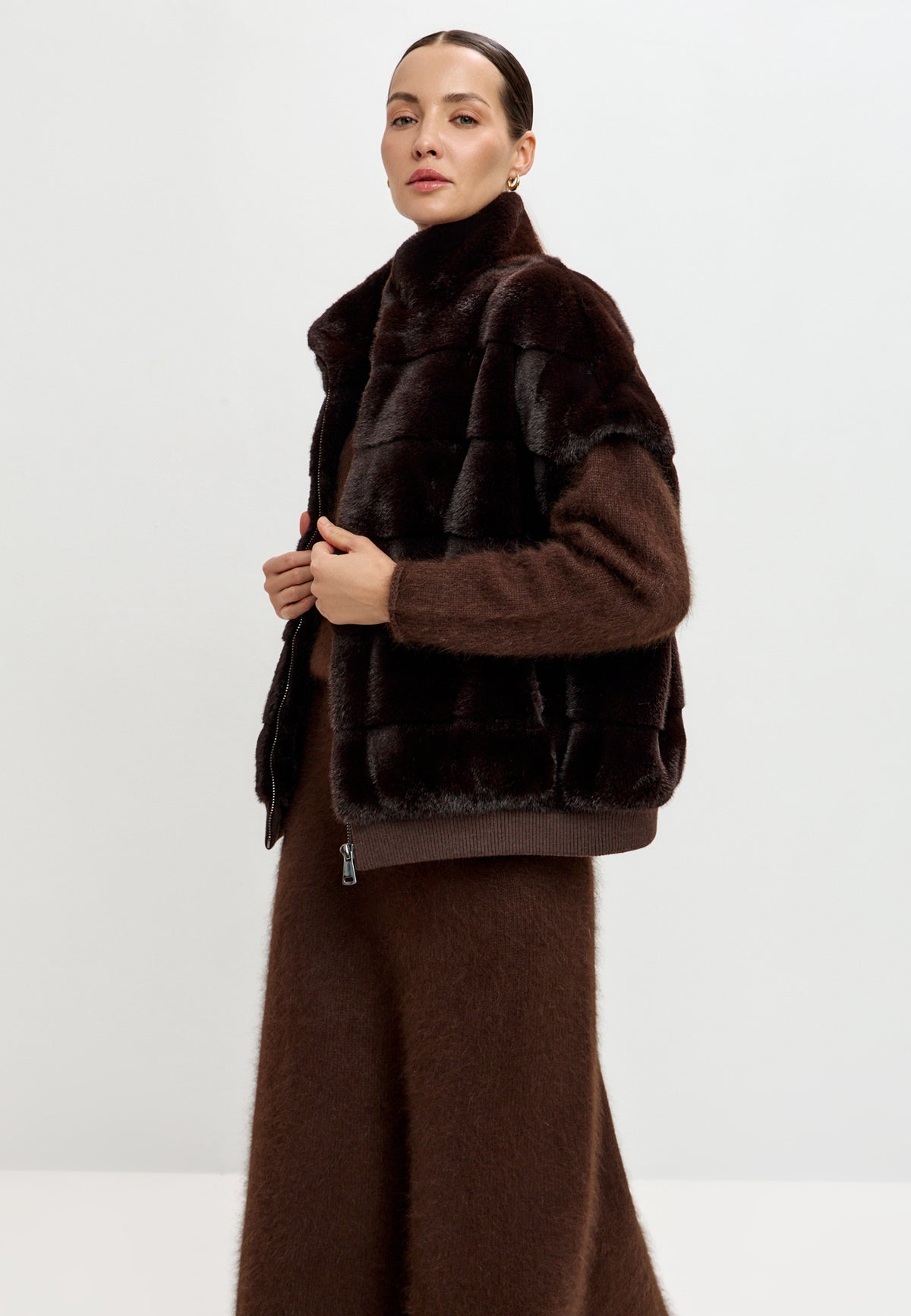Faux Fur Zip-Up Vest - Chocolate