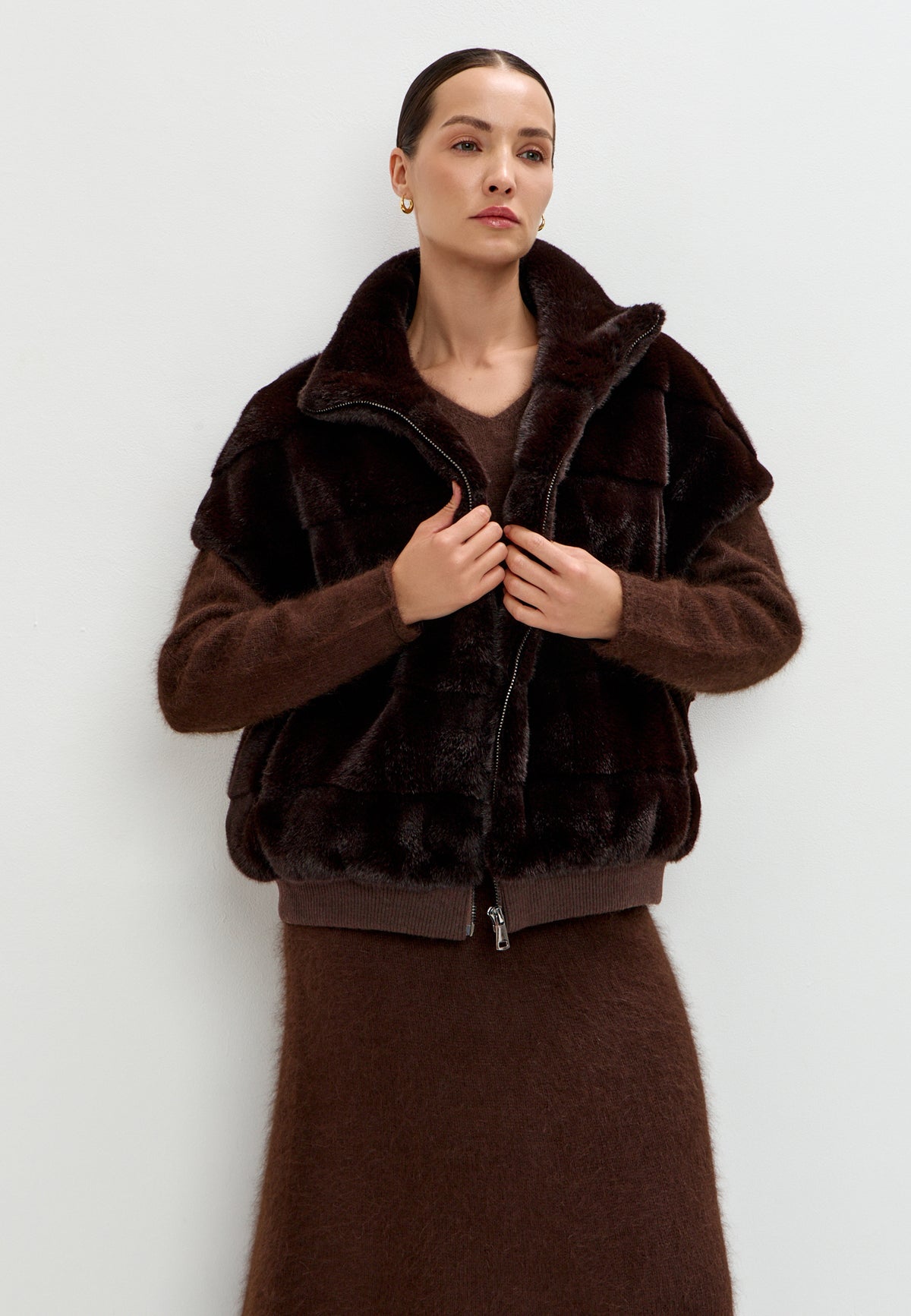 Faux Fur Zip-Up Vest - Chocolate
