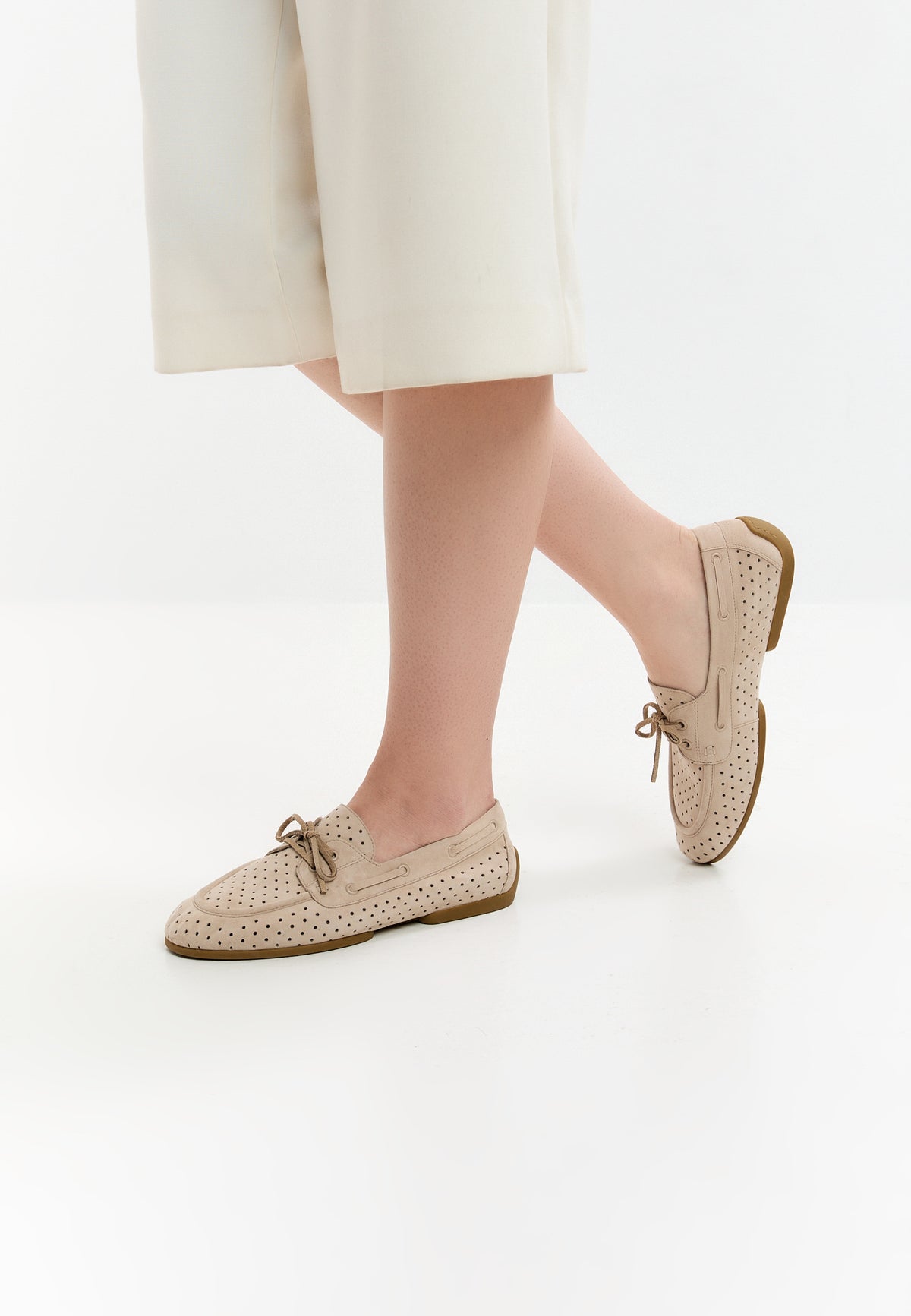 Perforated Suede Drive Loafers – Beige