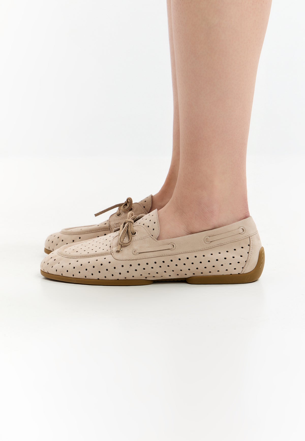 Perforated Suede Drive Loafers – Beige