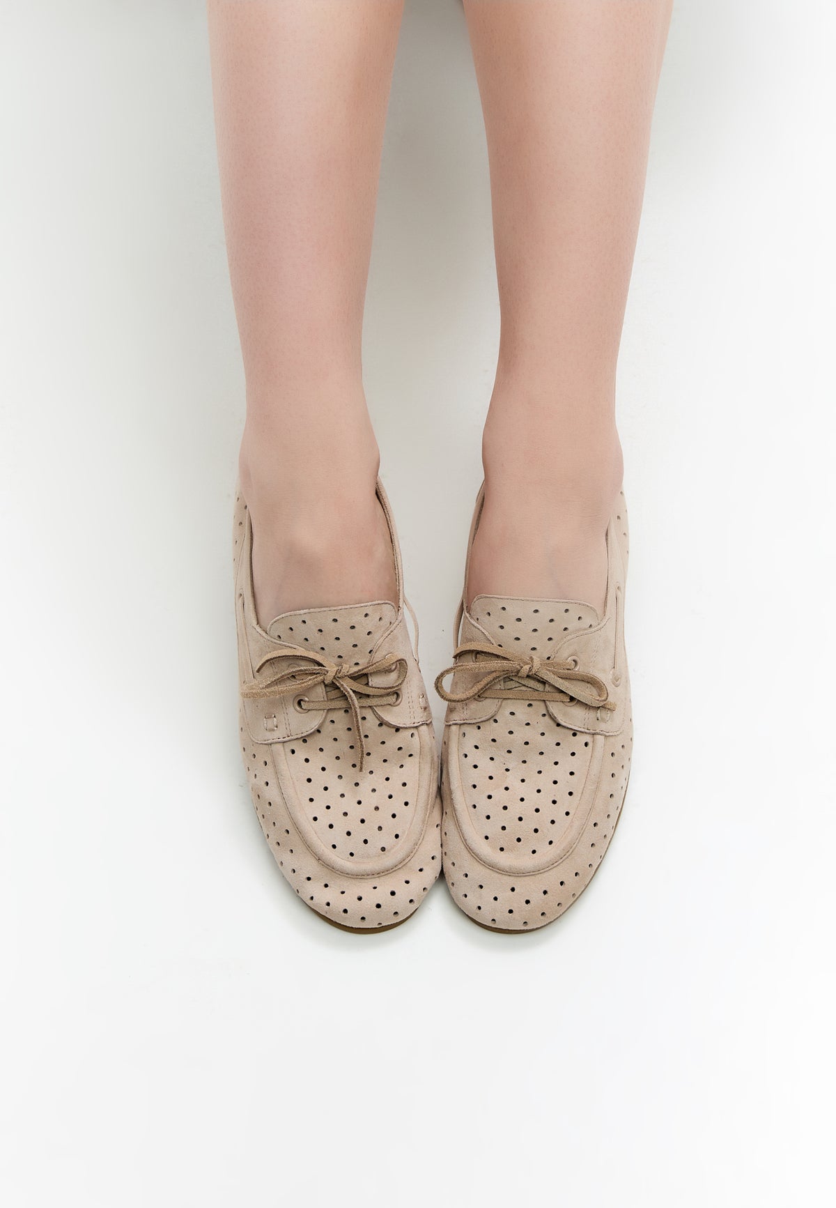 Perforated Suede Drive Loafers – Beige